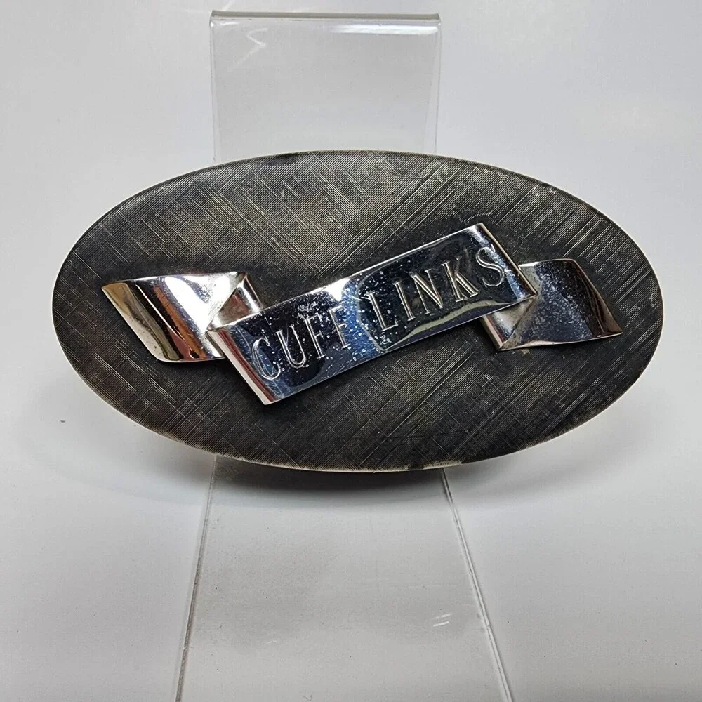 Vintage Napier Box Cuff Links Trinket Fabric Lined Silver Tone Metal 4 in. Long
